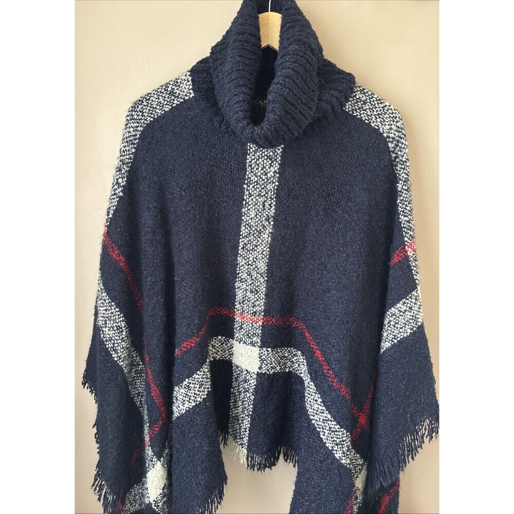 Women’s Navy Knit Poncho Shawl Wrap Tassel Cape One Size Pullover